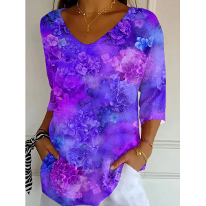 Women Floral Three Quarter Sleeve Tee T-shirt V Neck Printing Casual Graphic Tee Spring/Fall Top