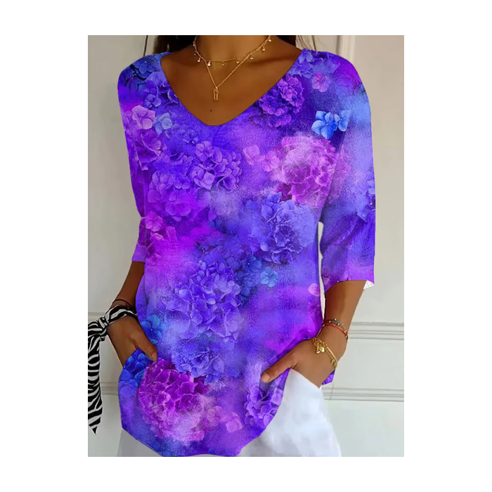 Women Floral Three Quarter Sleeve Tee T-shirt V Neck Printing Casual Graphic Tee Spring/Fall Top