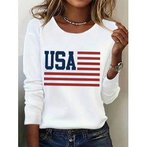 Women America Flag Long Sleeve Tee T-shirt Crew Neck Printing Casual Graphic Tee Spring/Fall Top