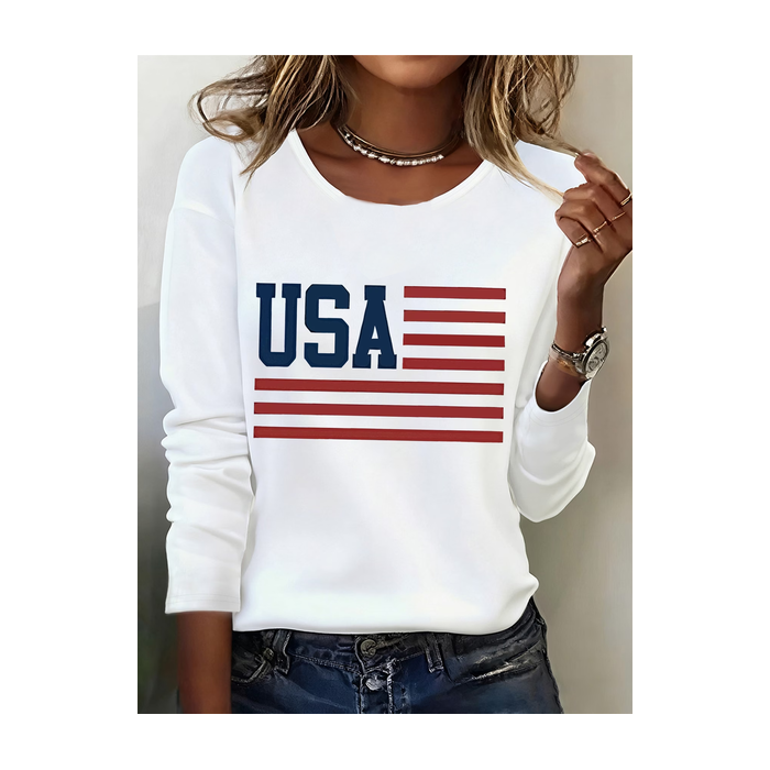Women America Flag Long Sleeve Tee T-shirt Crew Neck Printing Casual Graphic Tee Spring/Fall Top