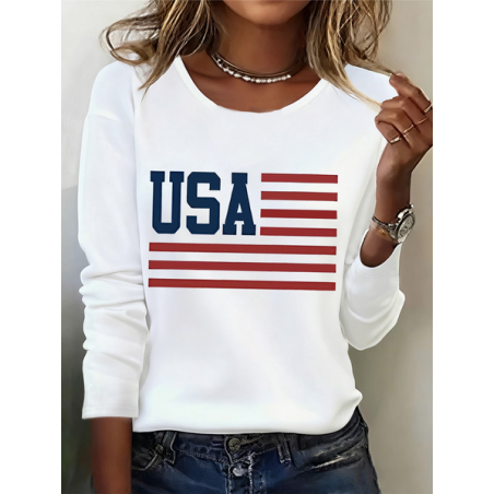 Women America Flag Long Sleeve Tee T-shirt Crew Neck Printing Casual Graphic Tee Spring/Fall Top