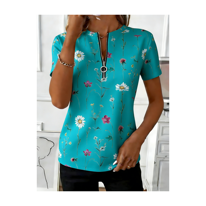 Women Floral Short Sleeve Tee T-shirt Elegant Summer Top
