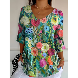Women Floral Three Quarter Sleeve Tee T-shirt V Neck Printing Casual Graphic Tee Spring/Fall Top