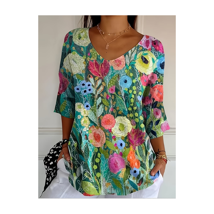 Women Floral Three Quarter Sleeve Tee T-shirt V Neck Printing Casual Graphic Tee Spring/Fall Top