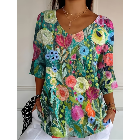 Women Floral Three Quarter Sleeve Tee T-shirt V Neck Printing Casual Graphic Tee Spring/Fall Top