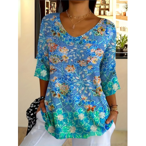 Women Floral Three Quarter Sleeve Tee T-shirt V Neck Printing Casual Graphic Tee Spring/Fall Top