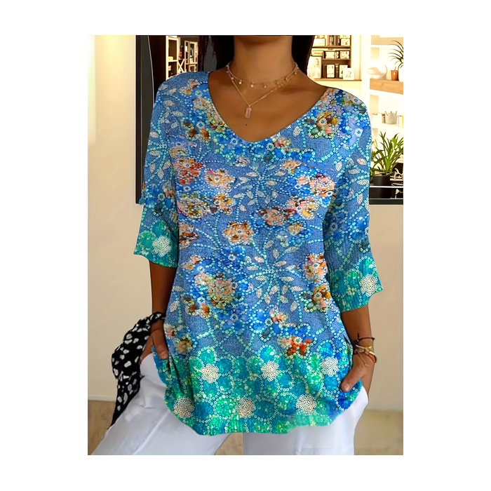 Women Floral Three Quarter Sleeve Tee T-shirt V Neck Printing Casual Graphic Tee Spring/Fall Top