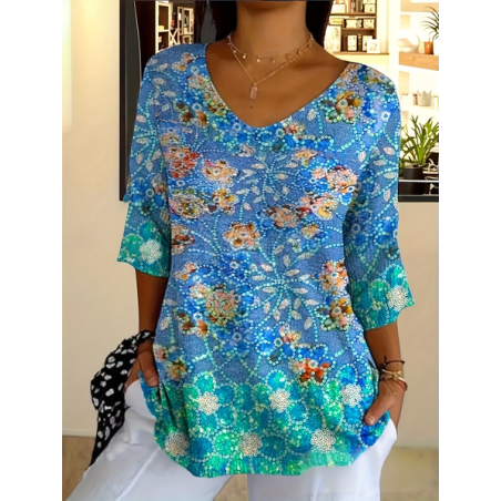 Women Floral Three Quarter Sleeve Tee T-shirt V Neck Printing Casual Graphic Tee Spring/Fall Top