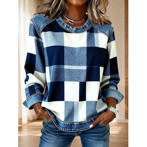 Women Abstract Plaid Crew Neck Printing Vintage Spring/Fall Long Sleeve Sweatshirt