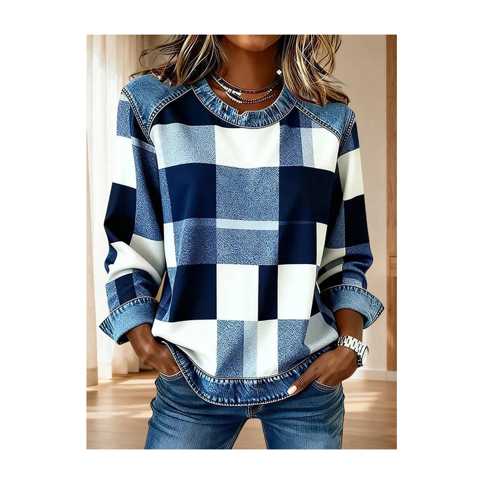 Women Abstract Plaid Crew Neck Printing Vintage Spring/Fall Long Sleeve Sweatshirt