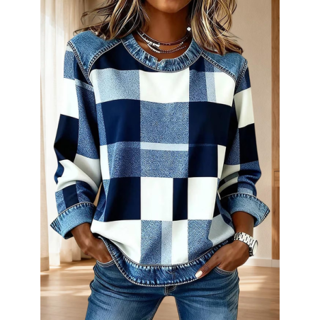 Women Abstract Plaid Crew Neck Printing Vintage Spring/Fall Long Sleeve Sweatshirt