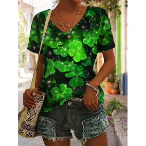 Women Shamrock Short Sleeve Tee T-shirt V Neck Casual Summer Top