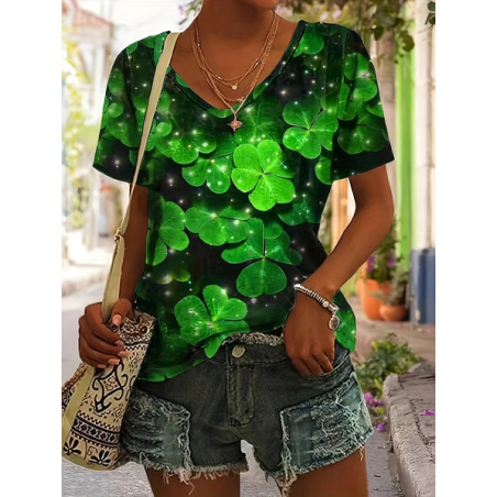 Women Shamrock Short Sleeve Tee T-shirt V Neck Casual Summer Top