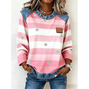 Women Striped Crew Neck Printing Vintage Spring/Fall Long Sleeve Sweatshirt