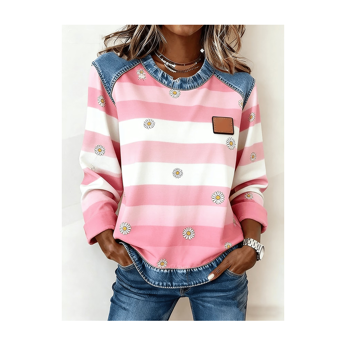 Women Striped Crew Neck Printing Vintage Spring/Fall Long Sleeve Sweatshirt
