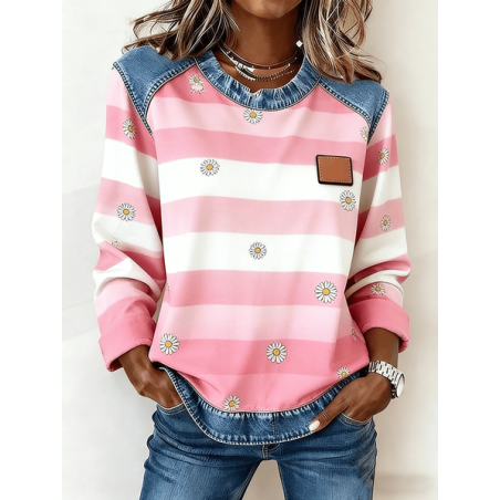 Women Striped Crew Neck Printing Vintage Spring/Fall Long Sleeve Sweatshirt