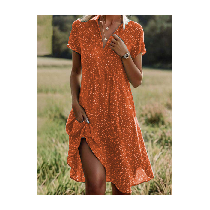 Women Polka Dots Short Sleeve Summer Printing Dress Shawl Collar Daily Casual Knee Length A-Line Dress