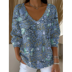 Women Abstract Long Sleeve Tee T-shirt V Neck Printing Casual Spring/Fall Top