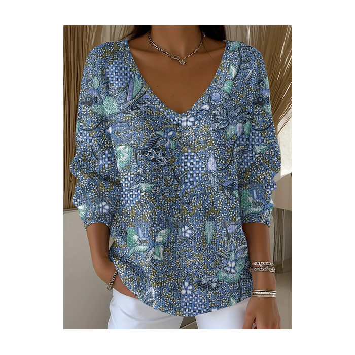 Women Abstract Long Sleeve Tee T-shirt V Neck Printing Casual Spring/Fall Top
