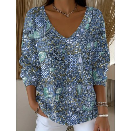 Women Abstract Long Sleeve Tee T-shirt V Neck Printing Casual Spring/Fall Top