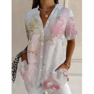 Women Abstract Shirt Collar Short Sleeve Shirt Printing Casual Daily Summer Top