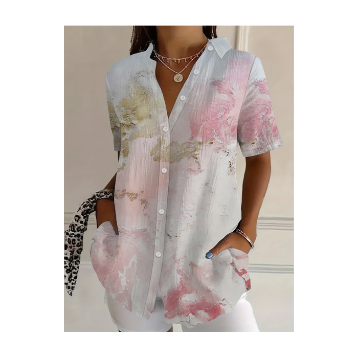 Women Abstract Shirt Collar Short Sleeve Shirt Printing Casual Daily Summer Top