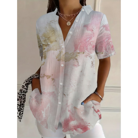 Women Abstract Shirt Collar Short Sleeve Shirt Printing Casual Daily Summer Top