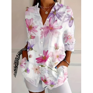 Women Floral Shirt Collar Long Sleeve Shirt Buckle Regular Sleeve Casual Daily Spring/Fall Top