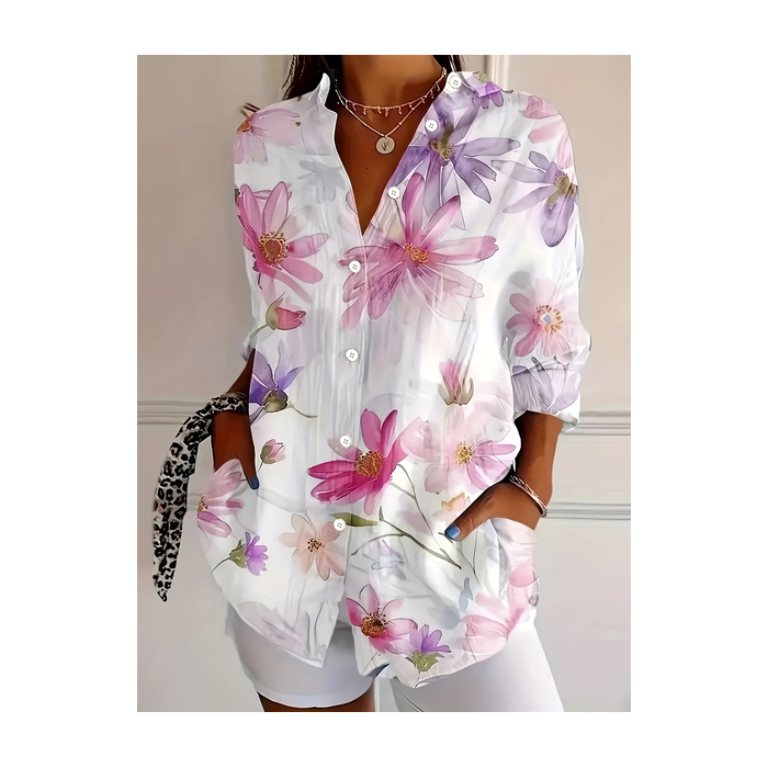 Women Floral Shirt Collar Long Sleeve Shirt Buckle Regular Sleeve Casual Daily Spring/Fall Top