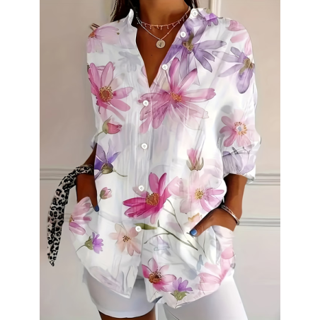 Women Floral Shirt Collar Long Sleeve Shirt Buckle Regular Sleeve Casual Daily Spring/Fall Top