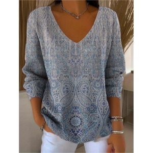 Women Abstract Long Sleeve Tee T-shirt V Neck Printing Casual Spring/Fall Top