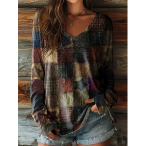 Women Abstract Long Sleeve Tee T-shirt V Neck Printing Casual Graphic Tee Spring/Fall Top