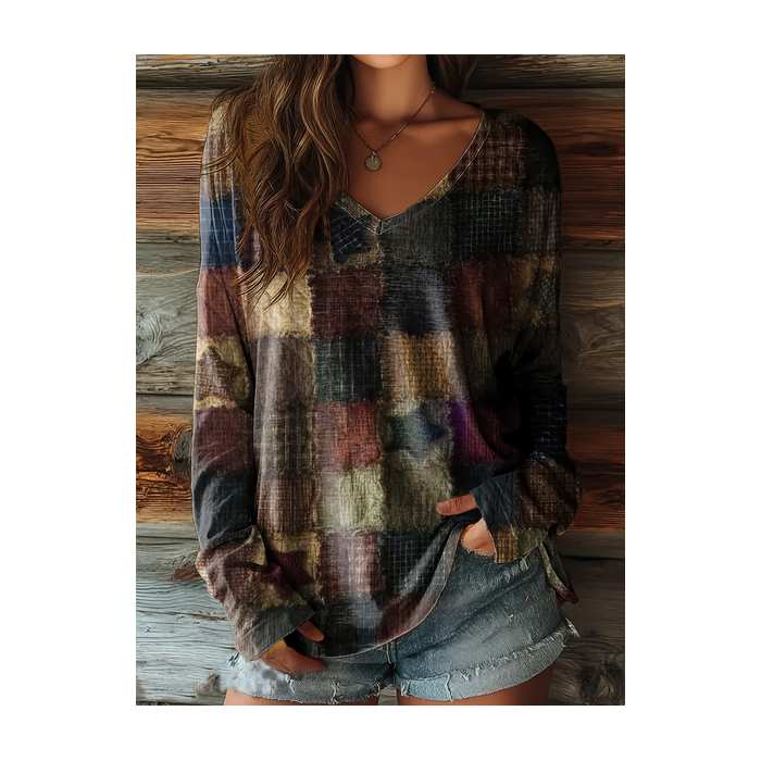 Women Abstract Long Sleeve Tee T-shirt V Neck Printing Casual Graphic Tee Spring/Fall Top