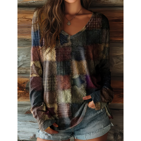 Women Abstract Long Sleeve Tee T-shirt V Neck Printing Casual Graphic Tee Spring/Fall Top