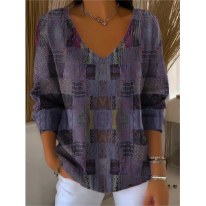 Women Abstract Long Sleeve Tee T-shirt V Neck Printing Casual Spring/Fall Top