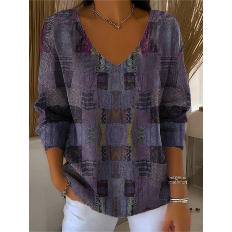 Women Abstract Long Sleeve Tee T-shirt V Neck Printing Casual Spring/Fall Top