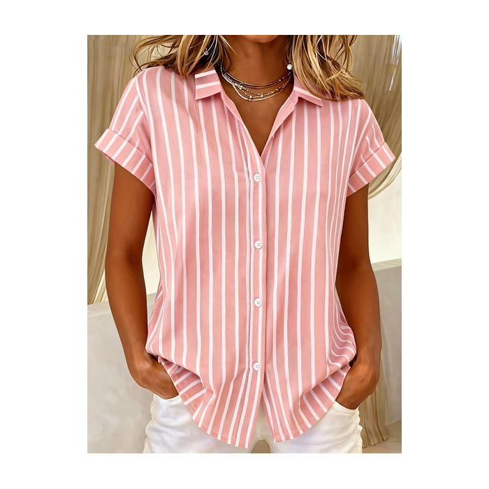 Women Striped Shirt Collar Short Sleeve Shirt Printing Casual Daily Summer Top