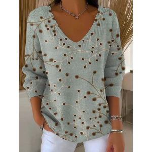 Women Abstract Long Sleeve Tee T-shirt V Neck Printing Casual Spring/Fall Top