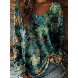Women Floral Long Sleeve Tee T-shirt V Neck Printing Casual Graphic Tee Spring/Fall Top