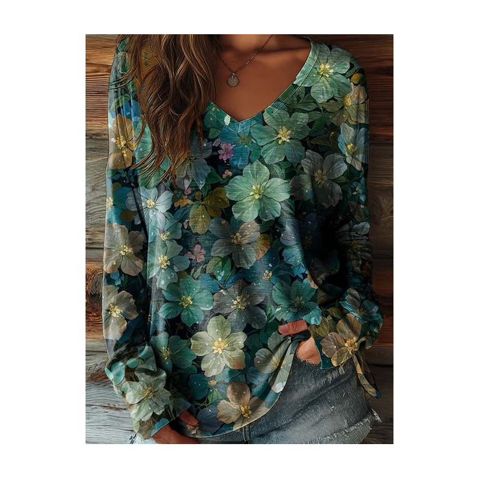 Women Floral Long Sleeve Tee T-shirt V Neck Printing Casual Graphic Tee Spring/Fall Top