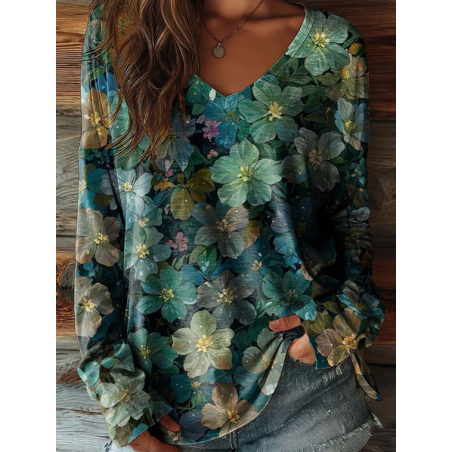 Women Floral Long Sleeve Tee T-shirt V Neck Printing Casual Graphic Tee Spring/Fall Top