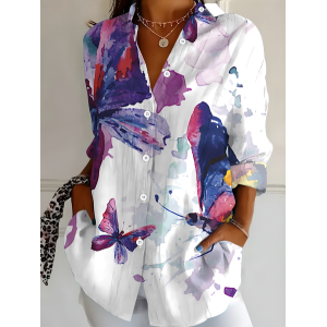 Women Butterfly Shirt Collar Long Sleeve Shirt Buckle Regular Sleeve Casual Daily Spring/Fall Top