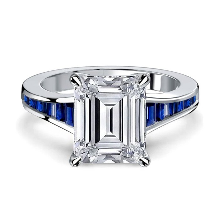 Italo Channel Set Blue Sapphire Emerald Cut Engagement Ring For Women