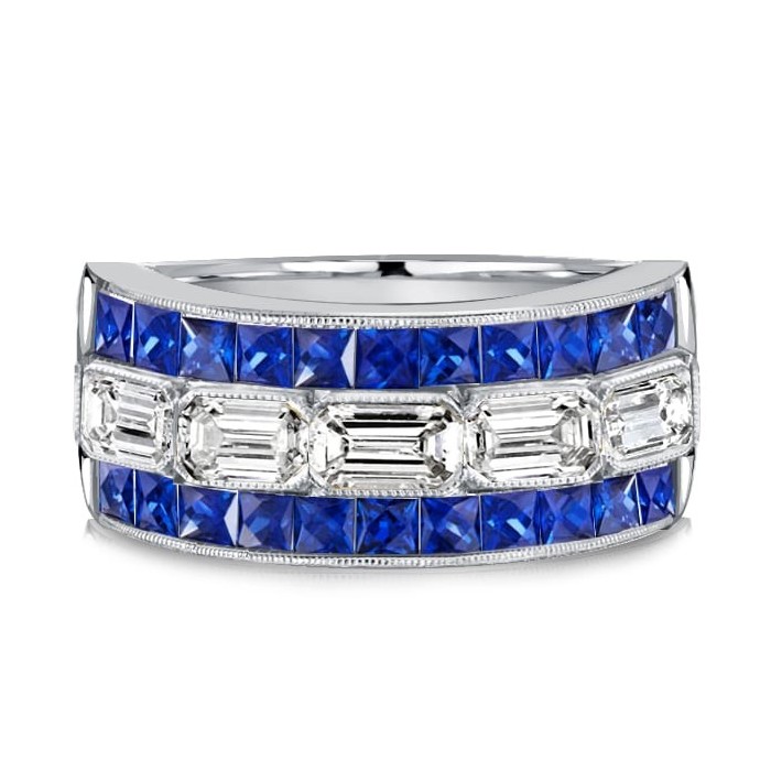 Italo Multi Row Milgrain Princess & Baguette Cut Wedding Band For Women