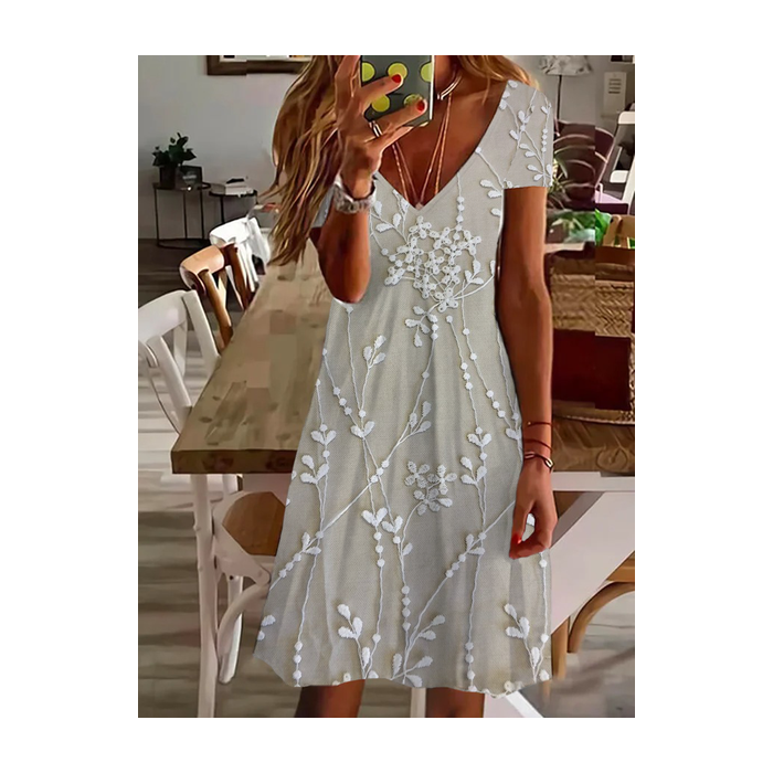 Women Floral Short Sleeve Summer Printing Dress V Neck Daily Casual Knee Length T-Shirt Dress H-Line Dress