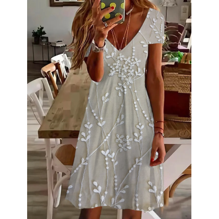 Women Floral Short Sleeve Summer Printing Dress V Neck Daily Casual Knee Length T-Shirt Dress H-Line Dress