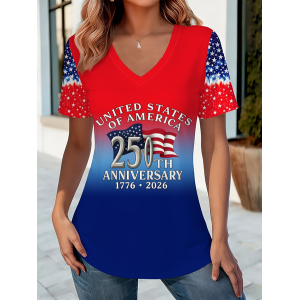 Women Text Letters Short Sleeve Tee T-shirt V Neck Casual Summer Top