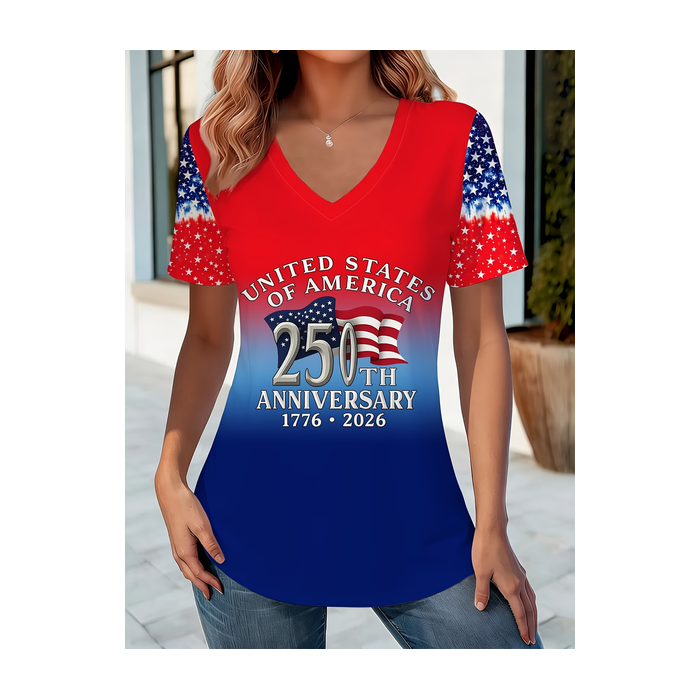 Women Text Letters Short Sleeve Tee T-shirt V Neck Casual Summer Top