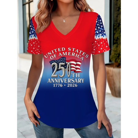 Women Text Letters Short Sleeve Tee T-shirt V Neck Casual Summer Top