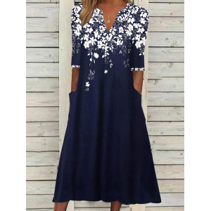 Women Floral Short Sleeve Summer Printing Dress V Neck Daily Casual Maxi Fit & Flare Dress H-Line Dress